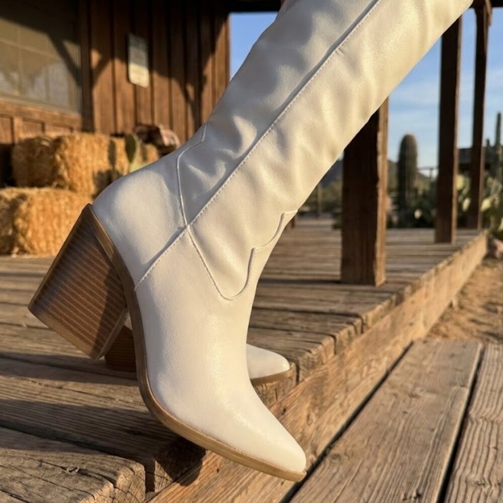 NWT X2B White Knee High Western Cowboy Boots 3.5" Block Heel | Milano Shoes - Picture 5 of 6